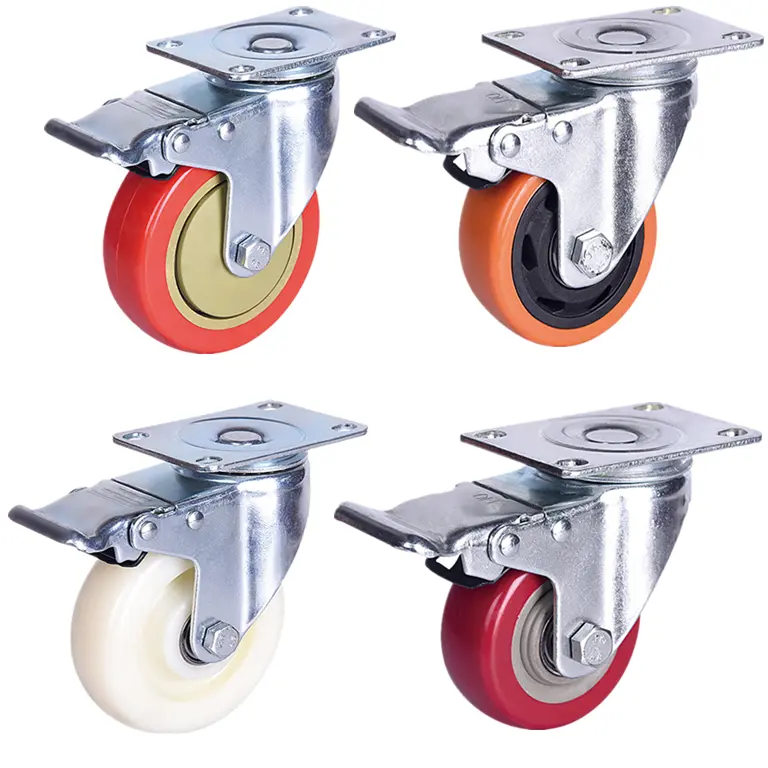 5 Inch 125mm Fixed Stem Brake Swivel Head Top Plate Double Ball Bearing Medium Duty Caster Red PVC Wheels