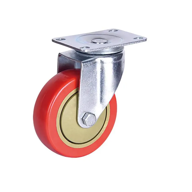 5 Inch 125mm Fixed Stem Brake Swivel Head Top Plate Double Ball Bearing Medium Duty Caster Red PVC Wheels