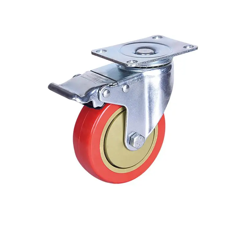 5 Inch 125mm Fixed Stem Brake Swivel Head Top Plate Double Ball Bearing Medium Duty Caster Red PVC Wheels