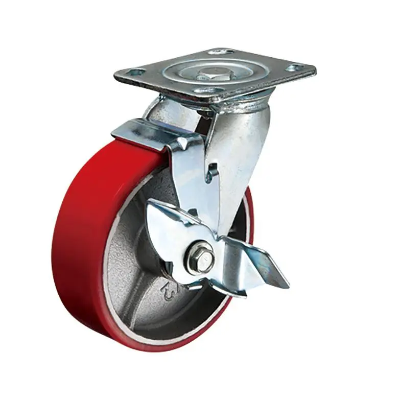 4 5 6 8 Inch Ball Bearing Industrial Swivel Heavy Duty Caster Cast Iron Core Red PU Wheels